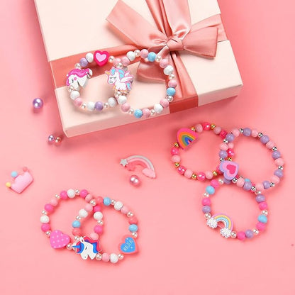 12 Pcs Kids Bracelets for Toddlers Girls - Unicorn Party Favors Pinata Stuffers Birthday Goodies Bag Stuffers Fillers, Cute Wooden Beaded Bracelets Rainbow Heart Pendants Play Jewelry Gifts