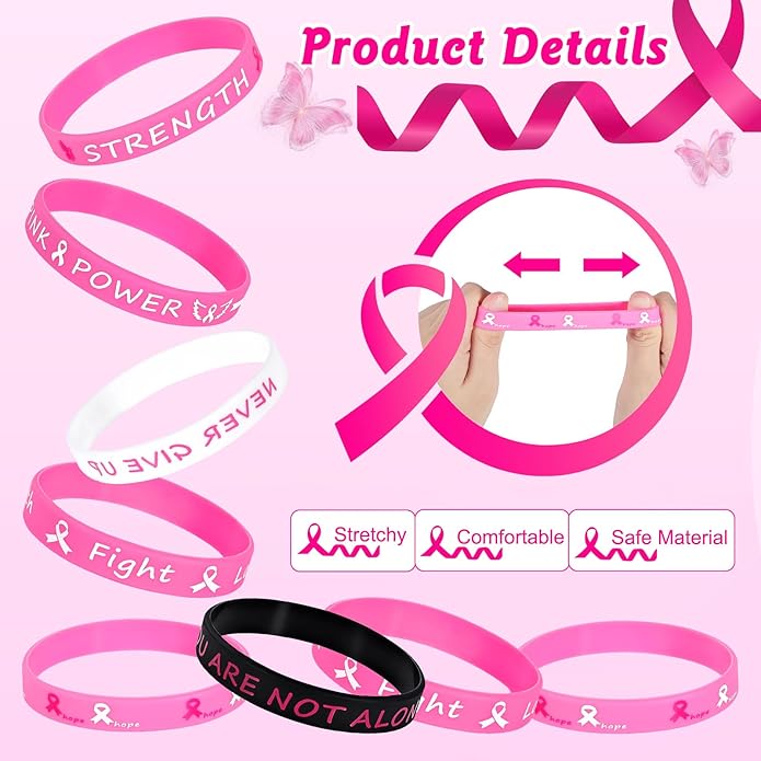 Pink Ribbon Breast Cancer Bracelets - 30 PCS Rubber Bracelet Party Favors Supplies Inspiring Silicone Wristbands with Hope Strength Breast Cancer Awareness Accessories Survivor Gifts for Women Girls