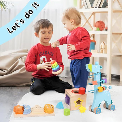4-in-1 Wooden Montessori Toys for 1+ Year Old - Educational Sensory Toys for Toddlers Aged 1-3 - Baby Learning Toys for Boys and Girls, Christmas Birthday Gifts