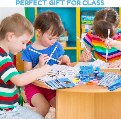 Colarr 161 Pcs Shark Party Favor Shark School Stationery Set Includes Gift Cup Notebook Pencil Sharpener Eraser Keychain Stamp Slap Bracelet Sticker Card for Shark Birthday Supplies