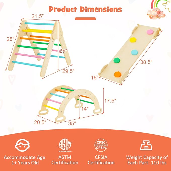 GLACER 5-in-1 Triangular Set of 3, Baby Climbing Toys w/Triangular Climber Arch Ramp Rocker, Indoor Outdoor Playground Wood Climbing Set, Early-Learning Montessori Toys (Colorful)
