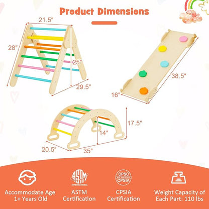 GLACER 5-in-1 Triangular Set of 3, Baby Climbing Toys w/Triangular Climber Arch Ramp Rocker, Indoor Outdoor Playground Wood Climbing Set, Early-Learning Montessori Toys (Colorful)