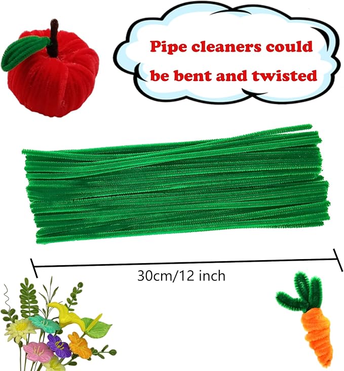 Swpohrat 100 Pieces Christmas Green Pipe Cleaner Craft Set,Thick Fuzzy Chenille Stem Pipe Cleaners for DIY Craft Projects and Decorations