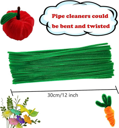Swpohrat 100 Pieces Christmas Green Pipe Cleaner Craft Set,Thick Fuzzy Chenille Stem Pipe Cleaners for DIY Craft Projects and Decorations