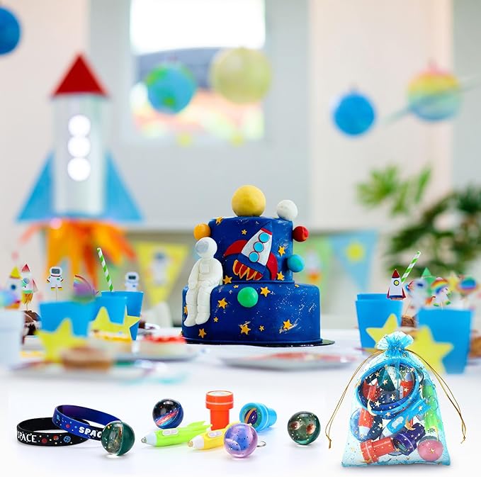 Faccito 84 Pcs Space Party Favors Bouncy Balls Silicone Bracelets Rocket Light Key Chain Stamps Space Party Supplies Galaxy Theme Bag Fillers for Solar System Planet Theme Birthday Classroom Rewards
