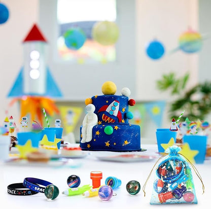 Faccito 84 Pcs Space Party Favors Bouncy Balls Silicone Bracelets Rocket Light Key Chain Stamps Space Party Supplies Galaxy Theme Bag Fillers for Solar System Planet Theme Birthday Classroom Rewards