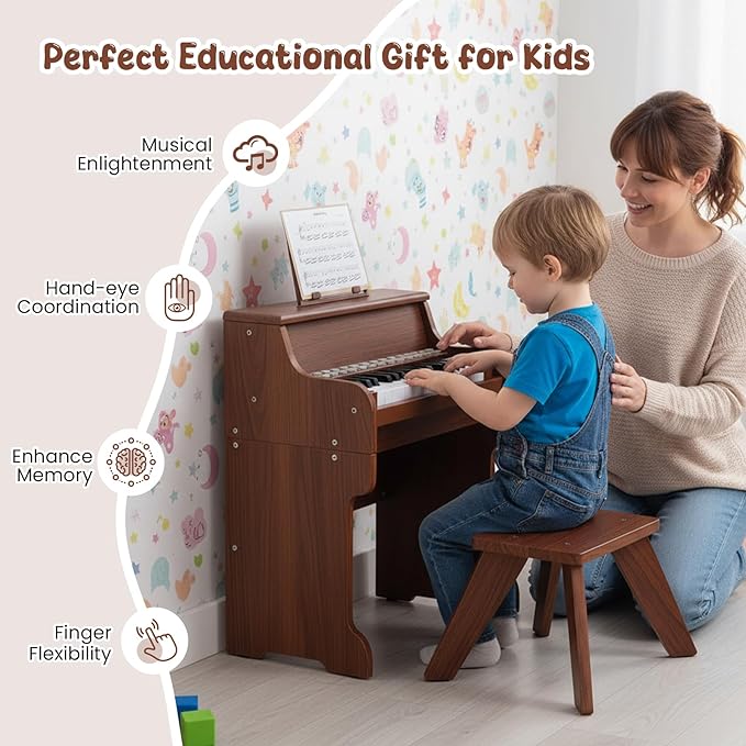 HONEY JOY Wooden Kids Piano, 25 Lighted Keys Kids Keyboard Piano w/Music Stand, Bench, Early Learning Educational Musical Instrument, Baby Music Toy for 3+ Years Old Toddlers Boys Girls (Brown)