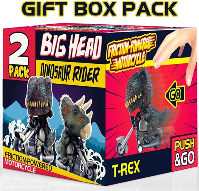 DINOBROS Dinosaur Toy Cars 2 Pack Friction Powered Motorcycle Game T-Rex and Triceratops Monster Dino Toys for Boys Age 3,4,5,6,7