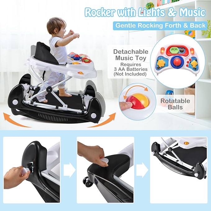 HONEY JOY Baby Walker, 6-in-1 Foldable Baby Walker and Bouncer Combo, Infant Activity Walker with Wheels, Adjustable Heights, Rocker, Music, Lights, Walker for Baby Boy Girl 7-14 Months (Black)