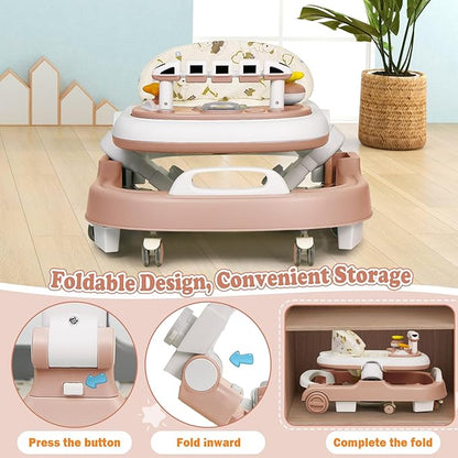 Baby Walker with Wheels, 4 in 1 Foldable Baby Walkers for Boys Girls 6-18 Months, 3 Level Height Adjustment with Bouncing, Feeding Tray & Music, Baby Walker with Activity Center, Toddler Push Walker