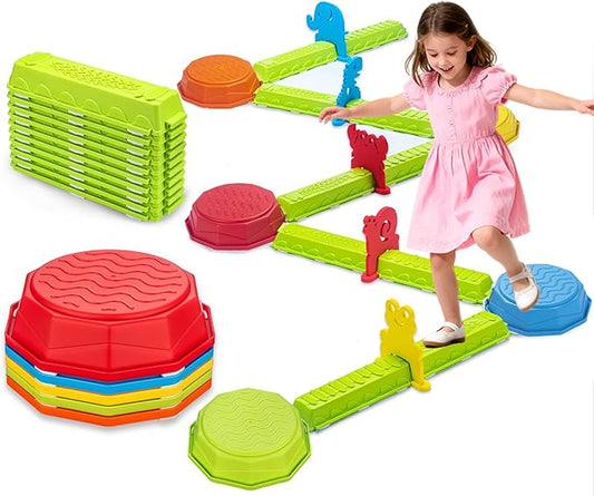 VROGTIK Stepping Stones for Kids, 15 Piece Balance Beams Toddler Stepping Stones Obstacle Course Sensory Toys with Game Spinner and Card for Indoor Outdoor Toys Gifts for 3 4 5 6 7 8 9 Years Old Kids