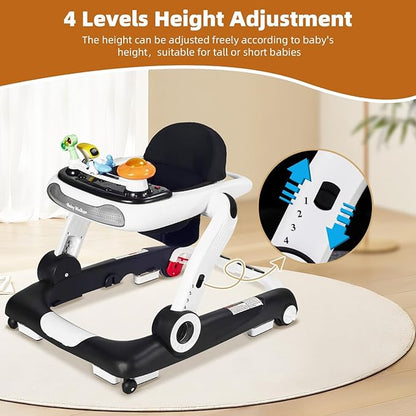 5-in-1 Baby Walker with Wheels, Baby Walkers for Boys Girls 6-18 Months, Foldable Adjustable Walker with Bouncer, Feeding Tray, Music & Detachable Footrest(Black)