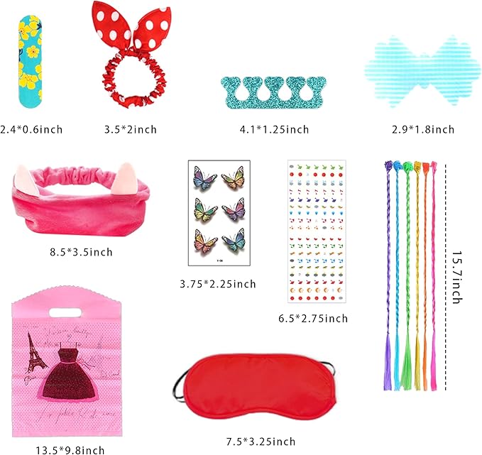 120 PCS Spa Party Favors for Girls Multiple Spa Party Supplies with Nail File Toe Separators Pink Tote Bags Colorful Hair Braids Clips Eye Mask Nail Stickers Butterfly Tattoo Stickers