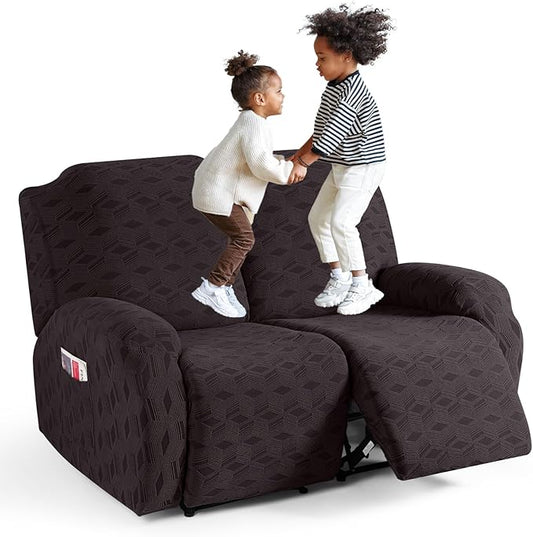 TAOCOCO Recliner Loveseat Cover, Stretch Jacquard Reclining Loveseat Cover Furniture Protector Sofa Slipcovers 2 Seat Recliner Covers with Elastic Bottom for Kids, Pets (Chocolate)