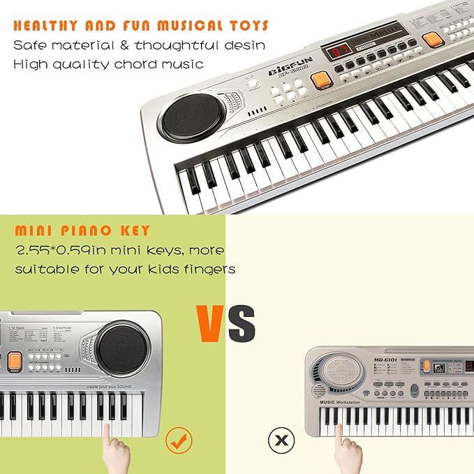 Raimy Piano Keyboard for Beginners, 61 Keys Portable Electronic Digital Piano with Microphone, Learning Educational Music Keyboard Piano for Kids Gifts Toys for Boys Girls Toddlers (Silver)