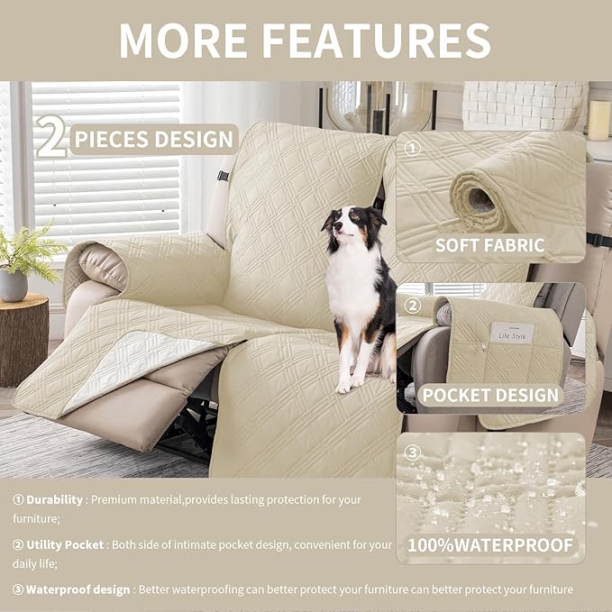 Easehomey Waterproof Loveseat Recliner Cover,Non Slip Reclining Couch Covers for 2 Seat,Dog Chair Cover Furniture Protector Washable Chair Cover with Pocket for Kids,Pets,Dogs(Beige,2Seat)