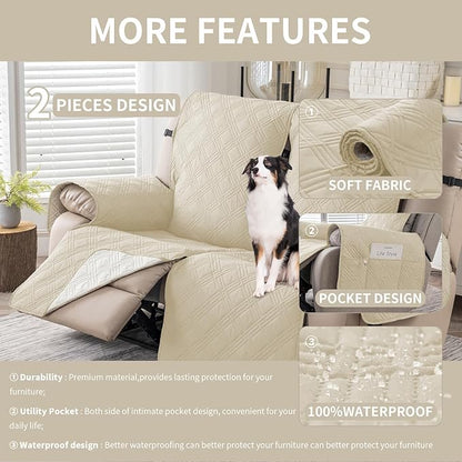 Easehomey Waterproof Loveseat Recliner Cover,Non Slip Reclining Couch Covers for 2 Seat,Dog Chair Cover Furniture Protector Washable Chair Cover with Pocket for Kids,Pets,Dogs(Beige,2Seat)