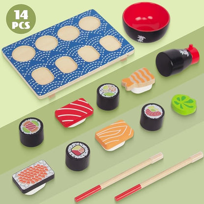 Sushi Slicing Play Food Set, Wooden Pretend Play Kitchen Toys for Kids 3+, Sushi Food Play Learning Toy for Girls Boys