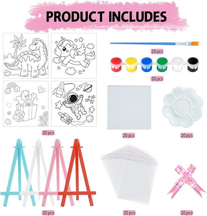 Valentines Day Gifts for Kids - Valentines Day Cards for Kids School - 20 Pack Watercolor Paint Set, Acrylic Paint Canvas Brushes Easel, Stationery Exchange for Boys Girls Class Classroom Party Favor