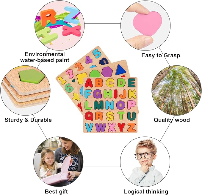 Attmu Wooden Puzzles for Toddlers 1 2 3 4 5 Year Old, Alphabet Puzzle Number Puzzle Shape ABC Puzzle, 3 in 1 Preschool Educational Learning Toys with Puzzle Board for Girls Boys Set of 3