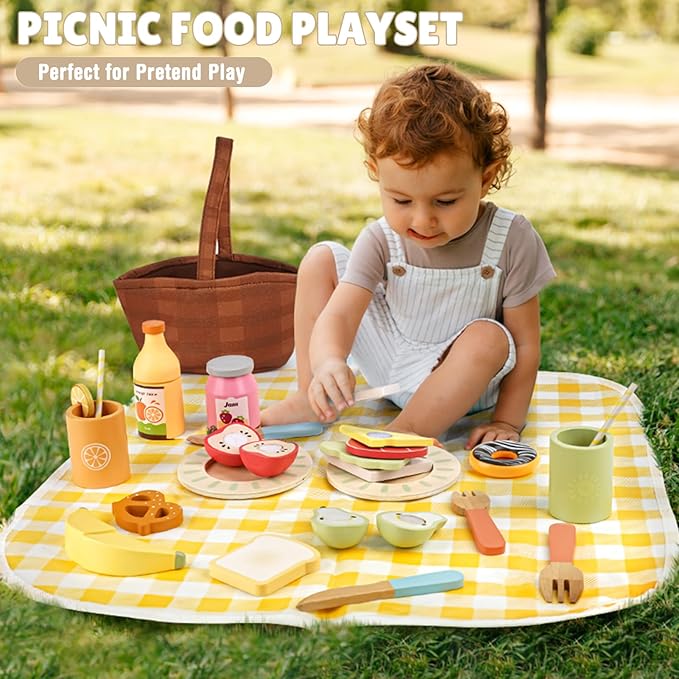 Dreamon Wooden Play Food Set - 22 Pcs Play Food Sets for Kids Kitchen with Carry Basket,Pretend Food for Toddlers,Cutting Food Toys for Toddlers for 3+ Year Old Boys and Girls Gifts