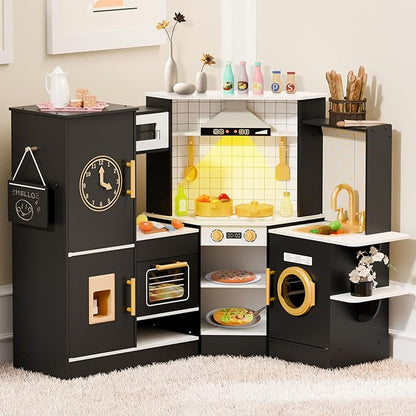 BIERUM Coner Wooden Play Kitchen with Real Lights & Sounds, Trendy Home Style Kitchen Playset, Toy Kitchen with 28 Pcs Toy Food & Cookware Accessories, Gift for Boys & Girls Ages 3+