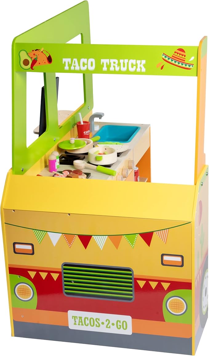 Taco Truck Wooden Playset, 30 Toy Pieces- Cook Top, Steering Wheel Sink Sticker Sheet for Kids Name- Food, Taco Shells, Cheese, Patties- Dual Sided Activity Play Stand Set for Indoor Fun, Ages 3+ Gift