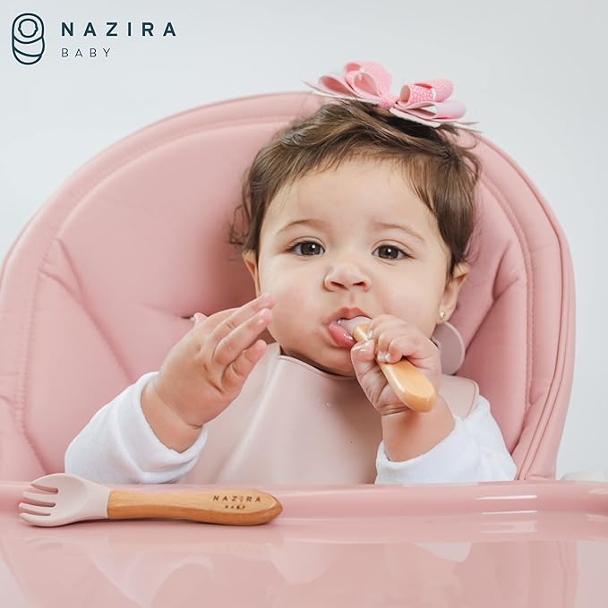 Baby Self Feeding All Natural Beech Wood Fork and Spoon Set - BPA Free, Toddler Tableware, Suitable For Stage 1 Babies - Soft Curved Food Grade Silicone Head (Magic Mint)