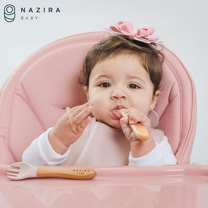 Baby Self Feeding All Natural Beech Wood Fork and Spoon Set - BPA Free, Toddler Tableware, Suitable For Stage 1 Babies - Soft Curved Food Grade Silicone Head (Magic Mint)