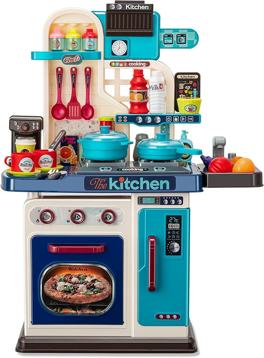 Kids Kitchen Playset-53pcs Cooking Stove,Paly Sink,Oven,Kitchen Toys with Realistic Lights&Sounds，Pretend Play Toys,Kitchen Toys for Toddler 1 2 3(Blue)
