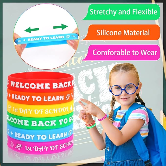JUNEBRUSHS 42pcs Back to School Party Favors Silicone Bracelets First Day of School Gifts Prize Rubber Wristbands Supplies for School Decorations Accessories Goodie Stuffers Fillers(6 Designs)