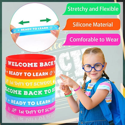 JUNEBRUSHS 42pcs Back to School Party Favors Silicone Bracelets First Day of School Gifts Prize Rubber Wristbands Supplies for School Decorations Accessories Goodie Stuffers Fillers(6 Designs)