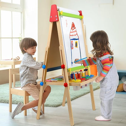 Art Easel for Kids Easel for Toddlers, Adjustable Wooden Kids Drawing Easel with Magnetic Whiteboard & Chalkboard, Kids Dry Erase Board, Easel for Kids Ages 3 4-8 9-12,Green w/Tray