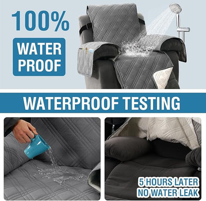 H.VERSAILTEX 100% Waterproof Recliner Chair Covers 1-Piece Reversible Recliner Covers for Large Recliner with Elastic Straps Sitting Width Up to 28" (Oversized Recliner, Grey/Beige)