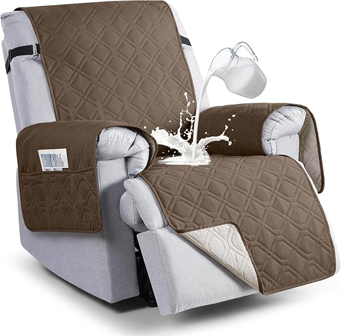 VANSOFY 100% Waterproof Recliner Chair Covers, Recliner Cover Non-Slip Dog Chair Cover Furniture Protector Washable Slipcover with Pocket, Elastic Straps for Pets, Dogs(Brown, 28")