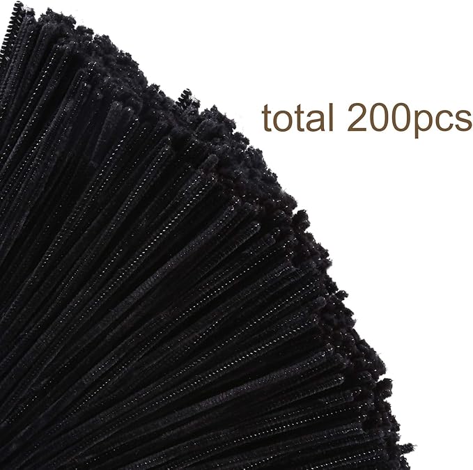 Caydo 200 Pieces Halloween Black Pipe Cleaners Craft Chenille Stems Bulk for Kids DIY Art Creative Crafts and Halloween Decoration (12 Inch x 6 mm)