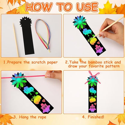 JUNEBRUSHS 30Pcs Fall Scratch Bookmarks, Rainbow Magic Scratch Paper Art Hello Fall Autumn Leaves Pumpkin Turkey DIY Crafts Kit for School Classroom Activity Thanksgiving Party Favor