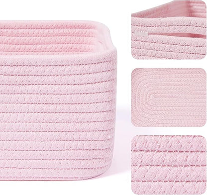 MiniArk Small Storage Baskets for Organizing | Closet Organizer Bins | Shelf Toy Basket | Woven Rope Baskets | Cube Decorative Box | Shallow Basket | 13x8.5x5.1” | 3 Packs Pink