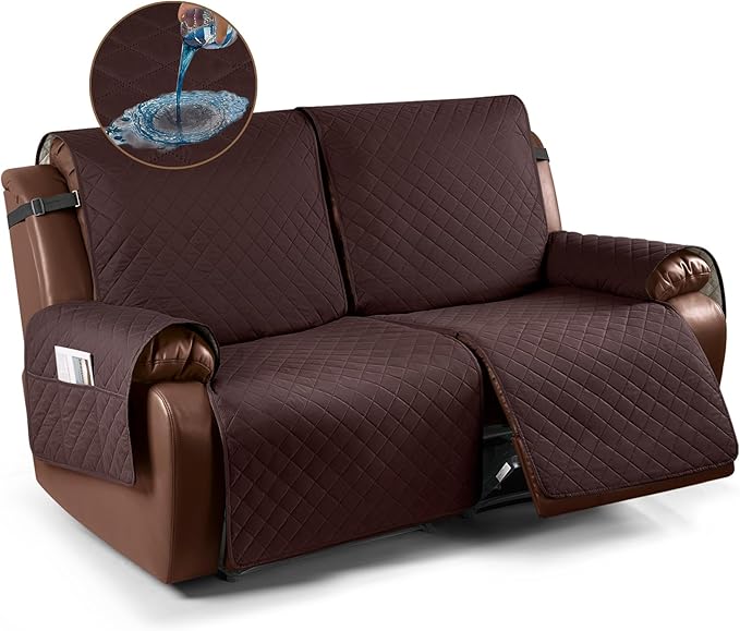 KinCam Waterproof Oversized Loveseat Recliner Cover, Non-Slip Reclining Couch Covers for 2 Seat, Recliner Sofa Cover Furniture Protector with Elastic Straps for Kids, Pets, Coffee