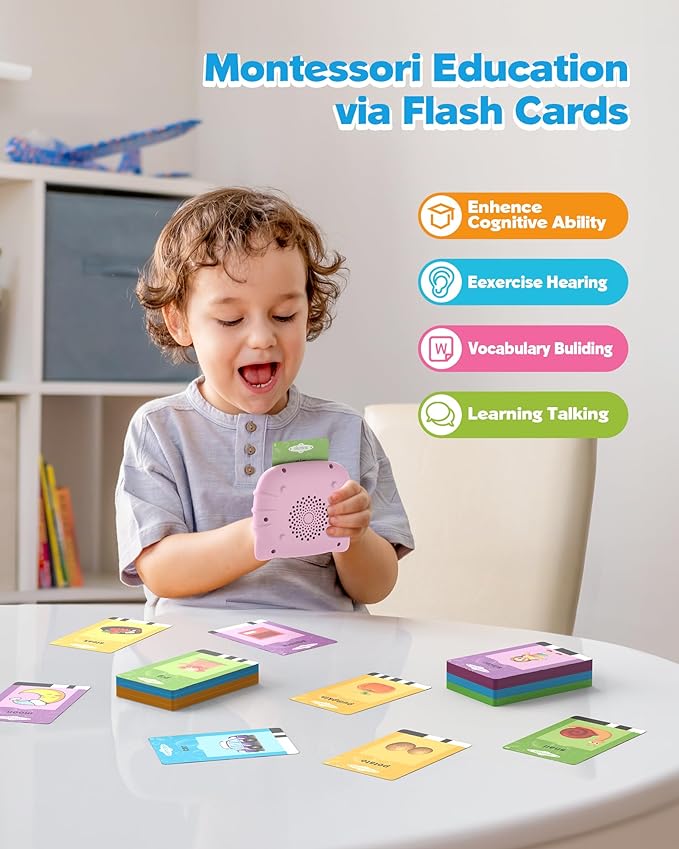 Pink Talking Flash Cards for Toddler 1 2 3 4 Year Olds, Language Learning Toys, Pocket Speech Therapy Toys, Autism Toys, Montessori Toys with 224 Words, Children's Sensory Learning Toys