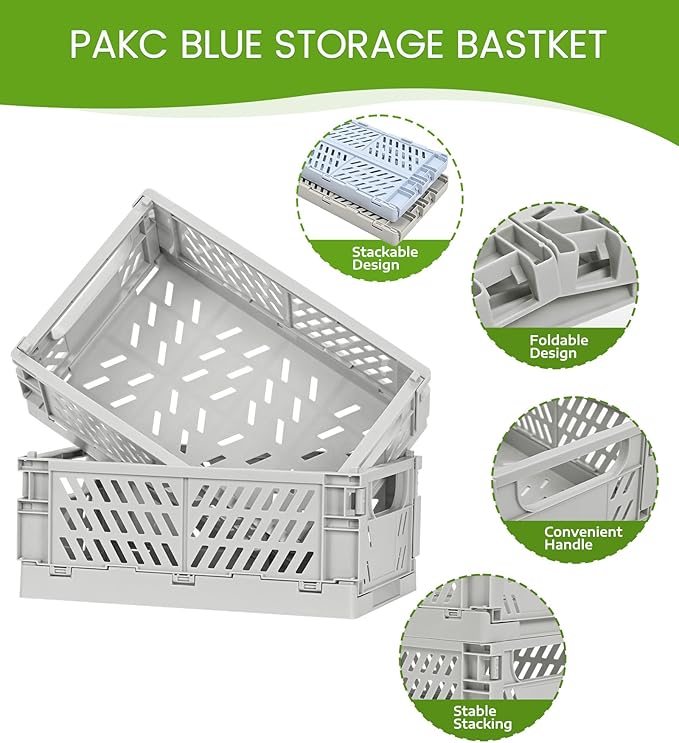 HUUSMOT 4-Pack Small Pastel Plastic Storage Baskets, Collapsible Crates for Organizing, Space-Saving Mini Bins for Classroom, Kitchen, Office, Bedroom (Grey, 9.8" x 6.5" x 3.8")
