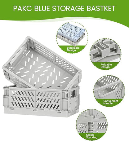 HUUSMOT 4-Pack Small Pastel Plastic Storage Baskets, Collapsible Crates for Organizing, Space-Saving Mini Bins for Classroom, Kitchen, Office, Bedroom (Grey, 9.8" x 6.5" x 3.8")
