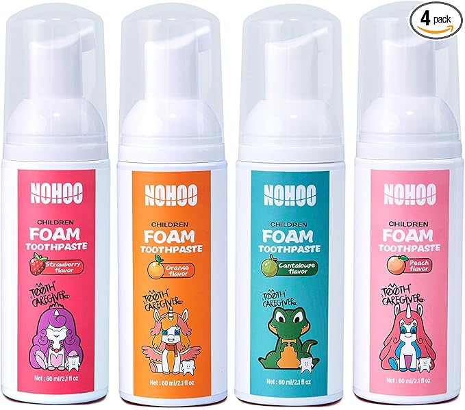NOHOO Kids Foam Toothpaste with Fruit Flavor, Fluoride Free Natural Formul, Foam Toothpaste for Electric Toothbrush (Strawberry+Orange+Peach+Cantaloupe)