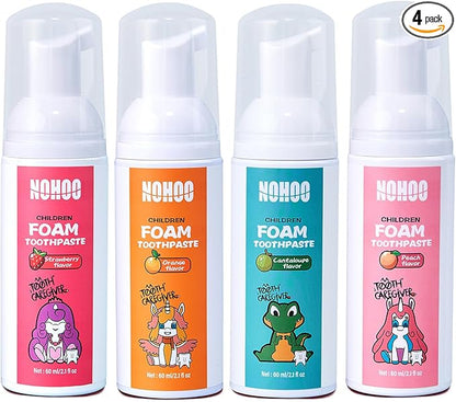 NOHOO Kids Foam Toothpaste with Fruit Flavor, Fluoride Free Natural Formul, Foam Toothpaste for Electric Toothbrush (Strawberry+Orange+Peach+Cantaloupe)