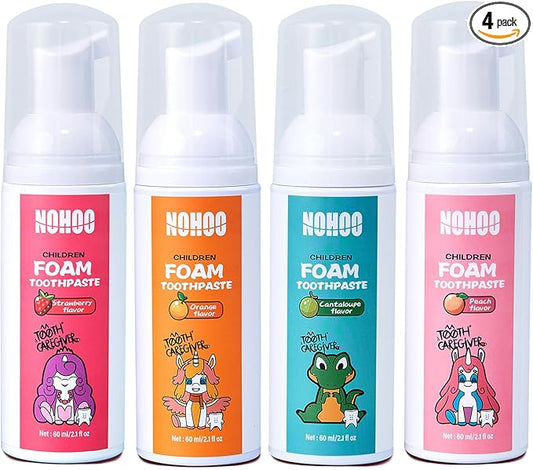 NOHOO Kids Foam Toothpaste with Fruit Flavor, Fluoride Free Natural Formul, Foam Toothpaste for Electric Toothbrush (Strawberry+Orange+Peach+Cantaloupe)