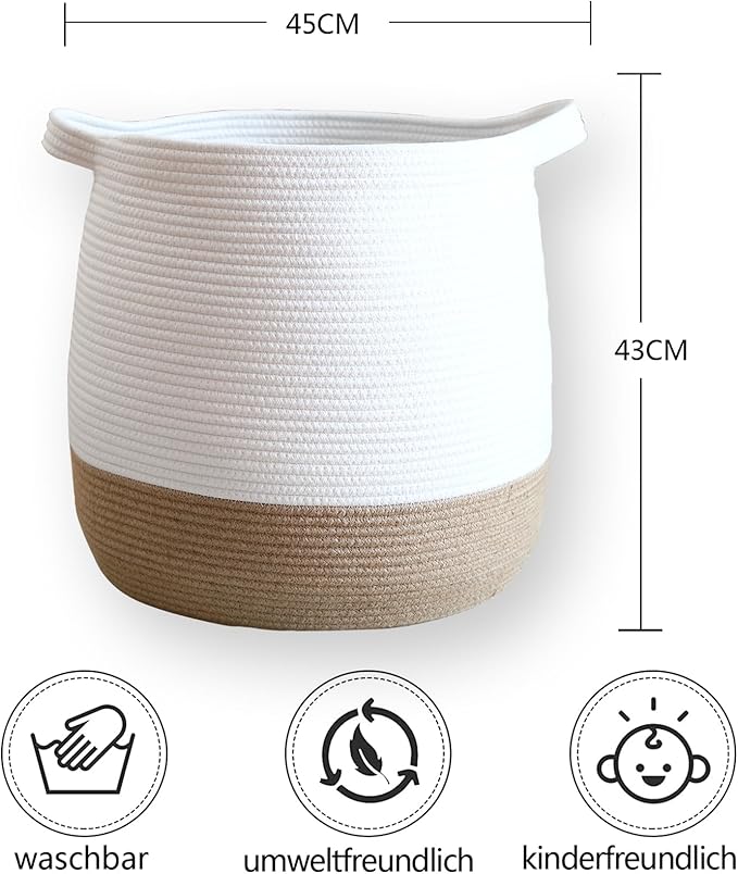 Large Cotton Rope Basket, Woven Storage Basket for Toy, Laundry and Blanket Organizer Basket, Round Hamper Basket with Handles for Kid's Room 17.7"x16.9"