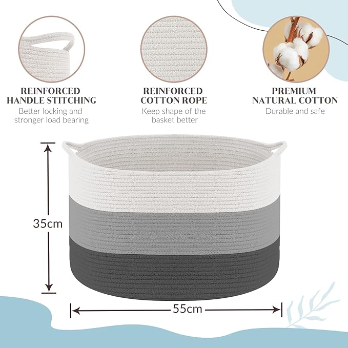Maliton Large Blanket Basket, 22" X 22" X 14" Woven Baskets for storage Baby Laundry Hamper, Cotton Rope Blanket Basket for Living Room, Laundry, Nursery, Pillows, Clothes, Baby Toy chest (White&Grey)