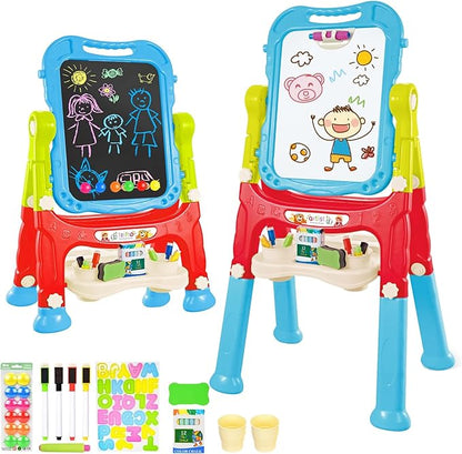 Kids Easel, Adjustable Standing Kids Easels for Toddlers, Double Magnetic Drawing Board with Painting Accessories, Present for Little Boys and Girls Age 3 4 5, Blue