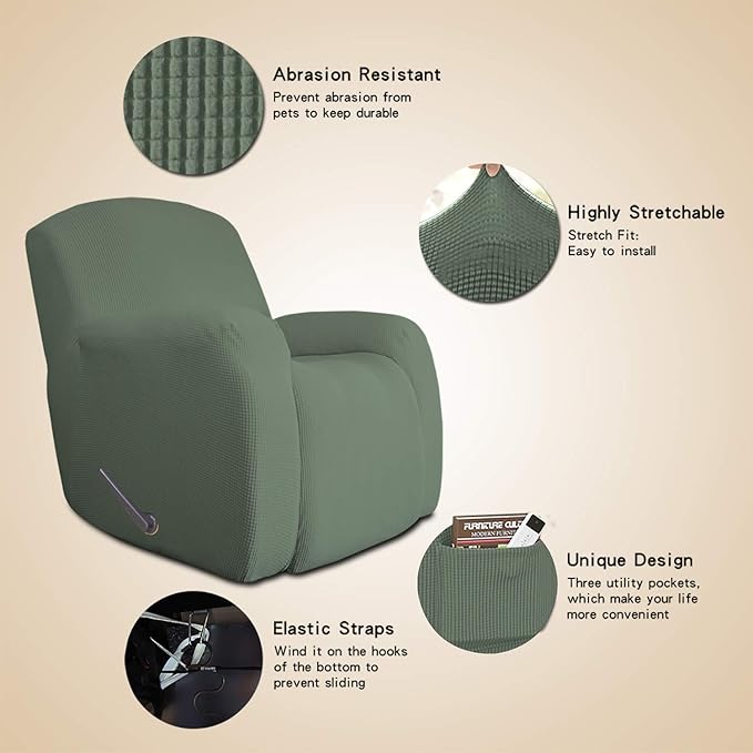 Easy-Going Oversized Recliner Stretch Sofa Slipcover Sofa Cover 1 Piece Furniture Protector Couch Soft with Elastic Bottom Kids,Polyester Spandex Jacquard Small Checks(X Large,Greyish Green)
