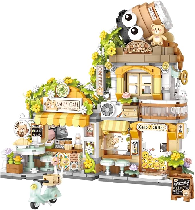 City Street View Bear Coffee Shop Building Blocks Set, MOC Creative Bear Animal Theme House, Simulation Architecture Construction Toy, Gifts Idea for Kids Adults (Mini Blocks 1077 pcs)